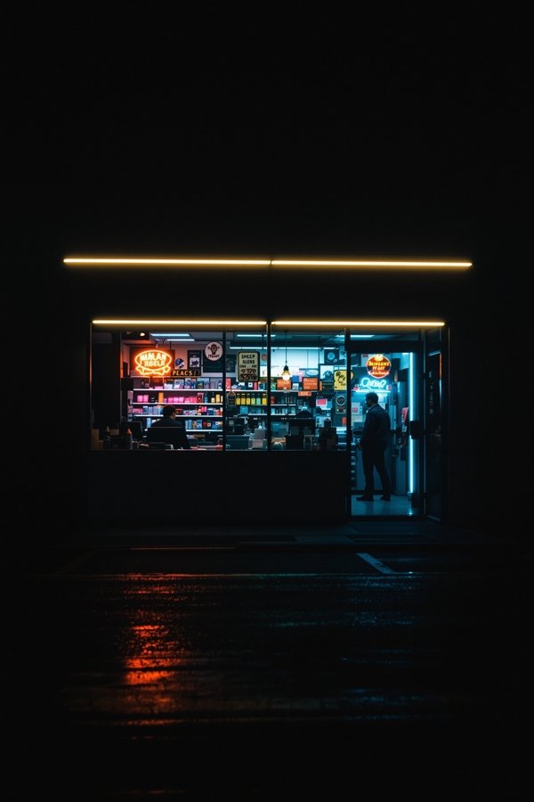 便利店的夜晚海报，深夜亮着灯光的便利店