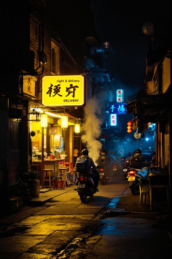 深夜外卖站系列海报,巷子里亮着黄色招牌的外卖站