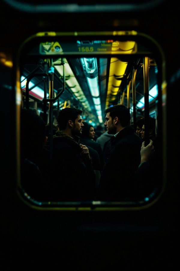 通勤路上的陌生人海报，地铁车厢里面对面的两个陌生人