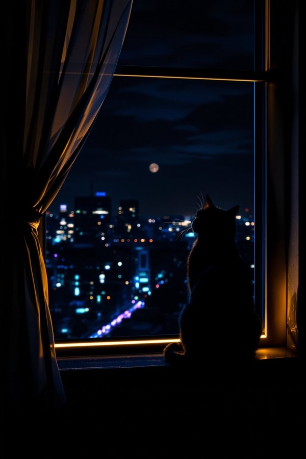 窗台上的猫海报，夜色中窗台上的黑猫剪影